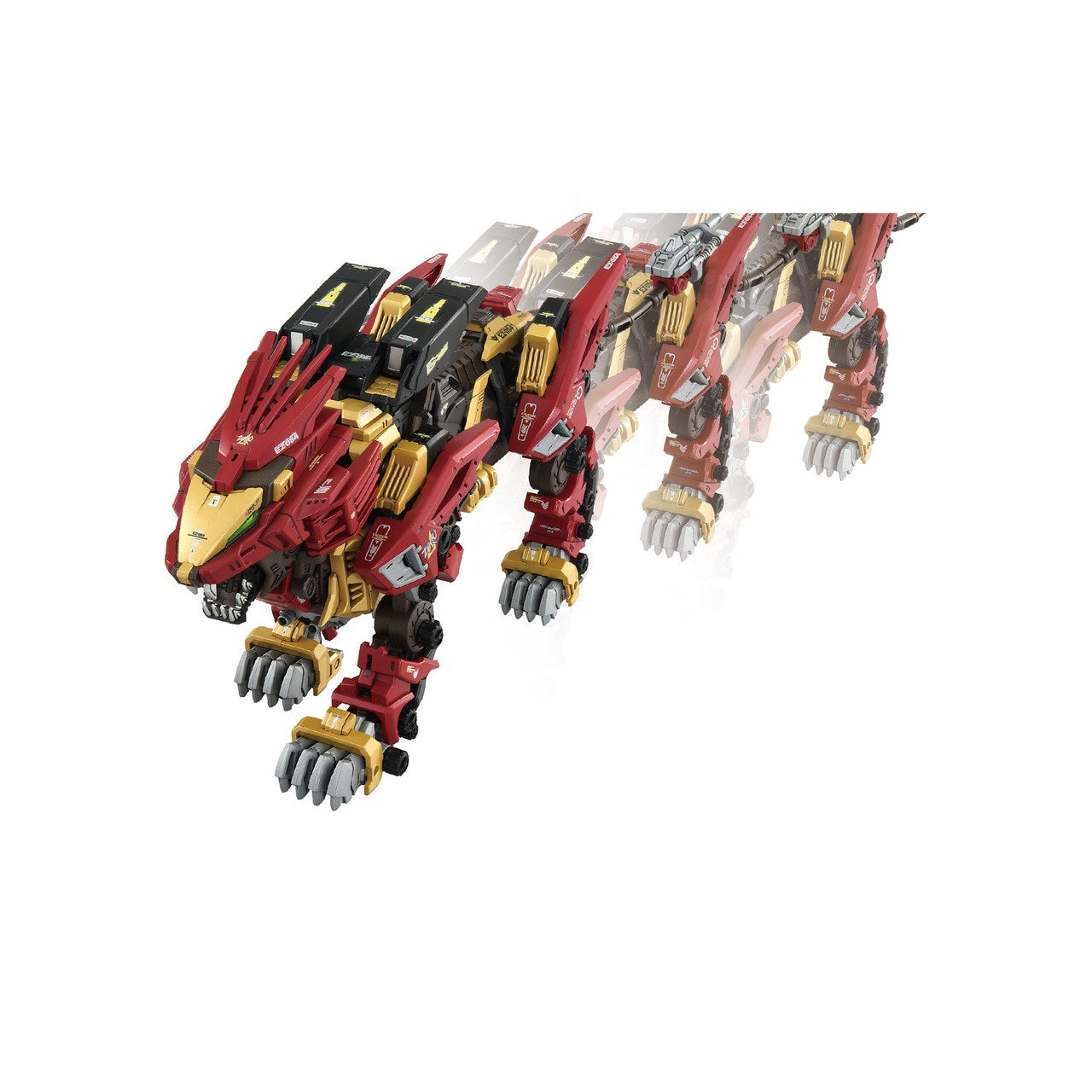 The mechanical Zoids AZ-02EX2 Liger Zero Empire Version model in red, black, and gold is captured mid-stride with a motion blur effect