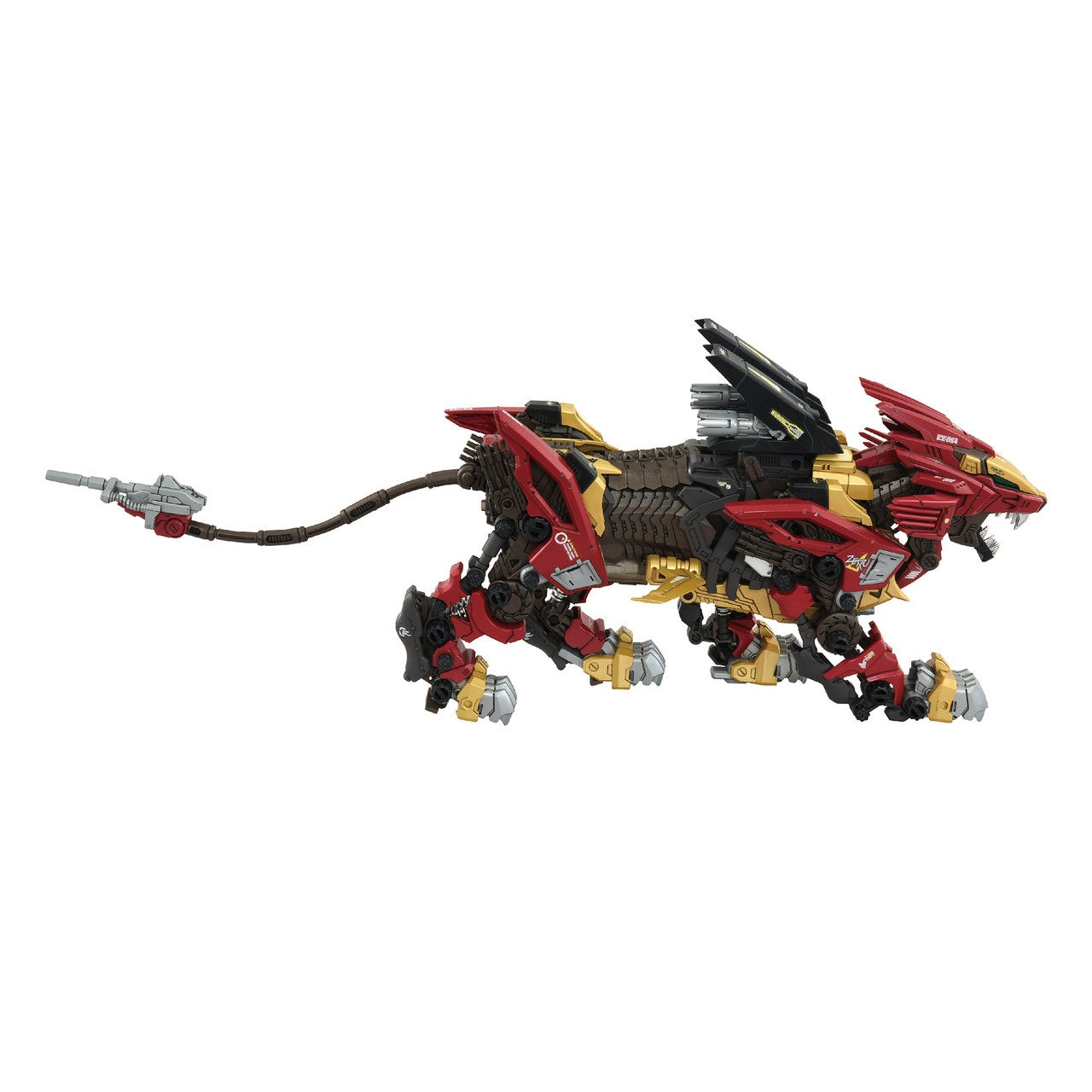 A striking side view of the Zoids Liger Zero Empire Version action figure, showcasing its aggressive red, black, and gold armor design and weaponized tail