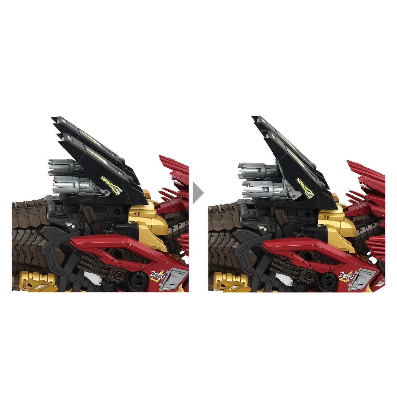Two views highlighting the intricate mechanical detail, powerful twin black weapon fins, and red side armor of the Zoids Liger Zero Empire model kit