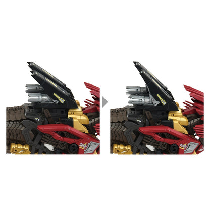 Two views highlighting the intricate mechanical detail, powerful twin black weapon fins, and red side armor of the Zoids Liger Zero Empire model kit