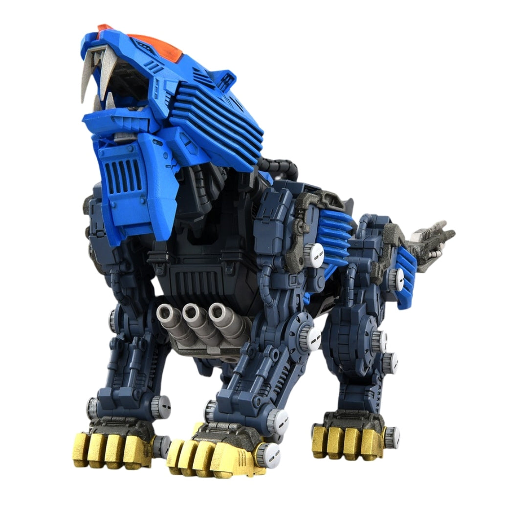 The Zoids Shield Liger mechanical model features dark blue armor, a bright blue head with fangs, and distinctive gold footpads