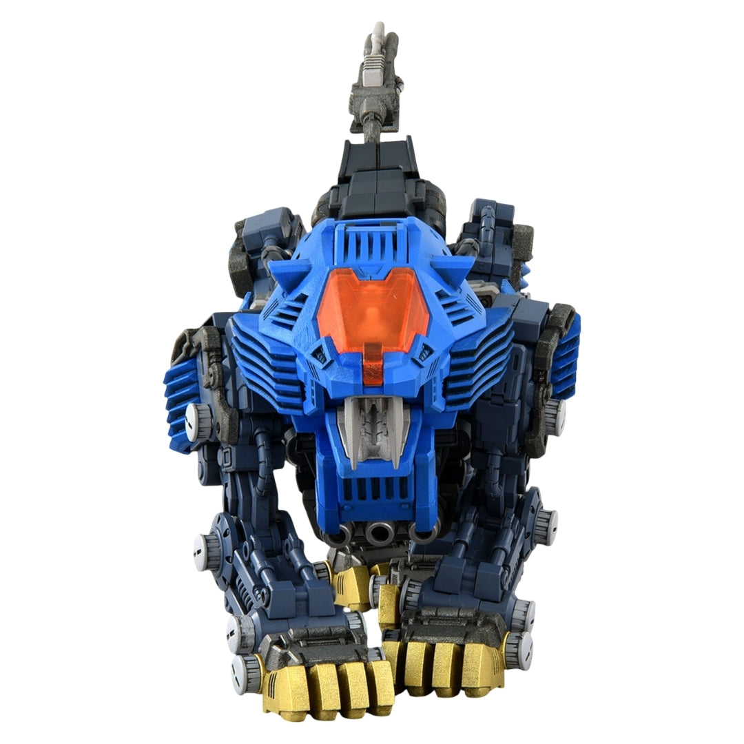 Front view of the blue and gray Zoids Shield Liger mecha model with an orange canopy and large gold claws