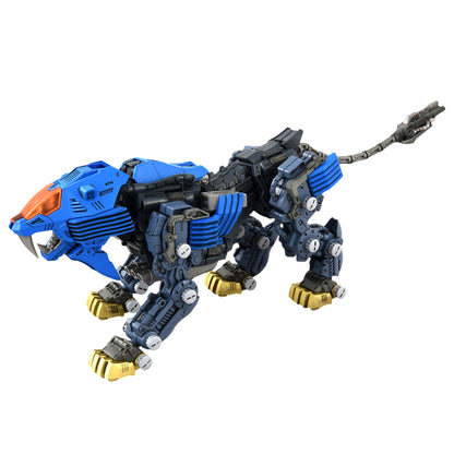 A detailed model of the Zoids Shield Liger robot lion in dark gray, bright blue, and gold standing in a dynamic pose