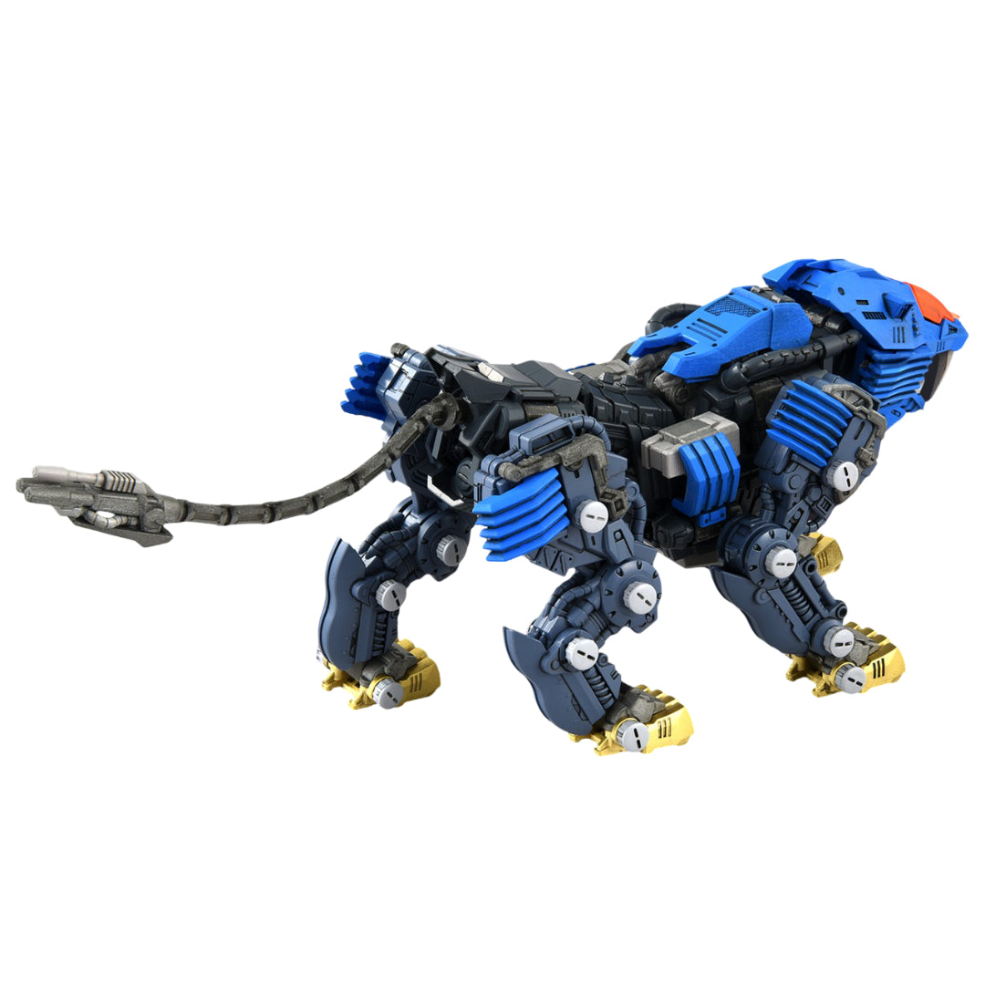 The finished Zoids RMZ-13 Shield Liger mechanical kit stands ready featuring dark blue armor, bright blue accents, and segmented tail weaponry
