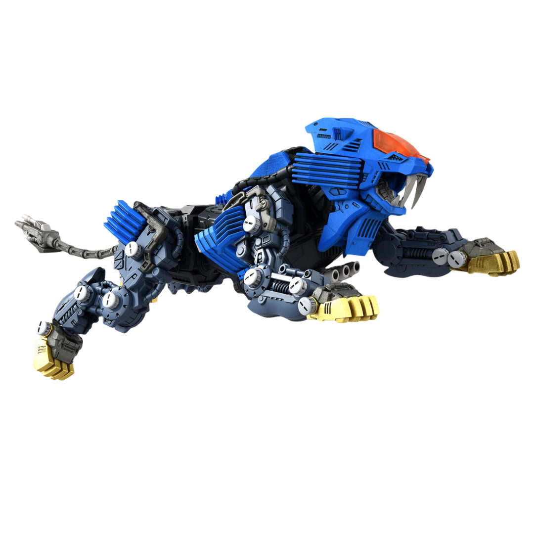 Detailed Zoids Realize Model RMZ-13 Shield Liger Van Ver in blue and gray armor with gold claws is captured mid-pounce on a blank background