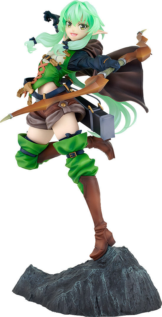 Smiling elf archer figure with green hair, pointy ears, holding a bow and quiver, standing dynamically on a rocky base.
