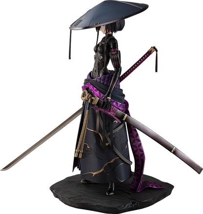A female samurai-style figure, in black and purple with a wide hat, holds a partially drawn katana