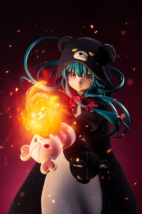 Rear view of Yuna figure with twin tail hairstyle and cape movement