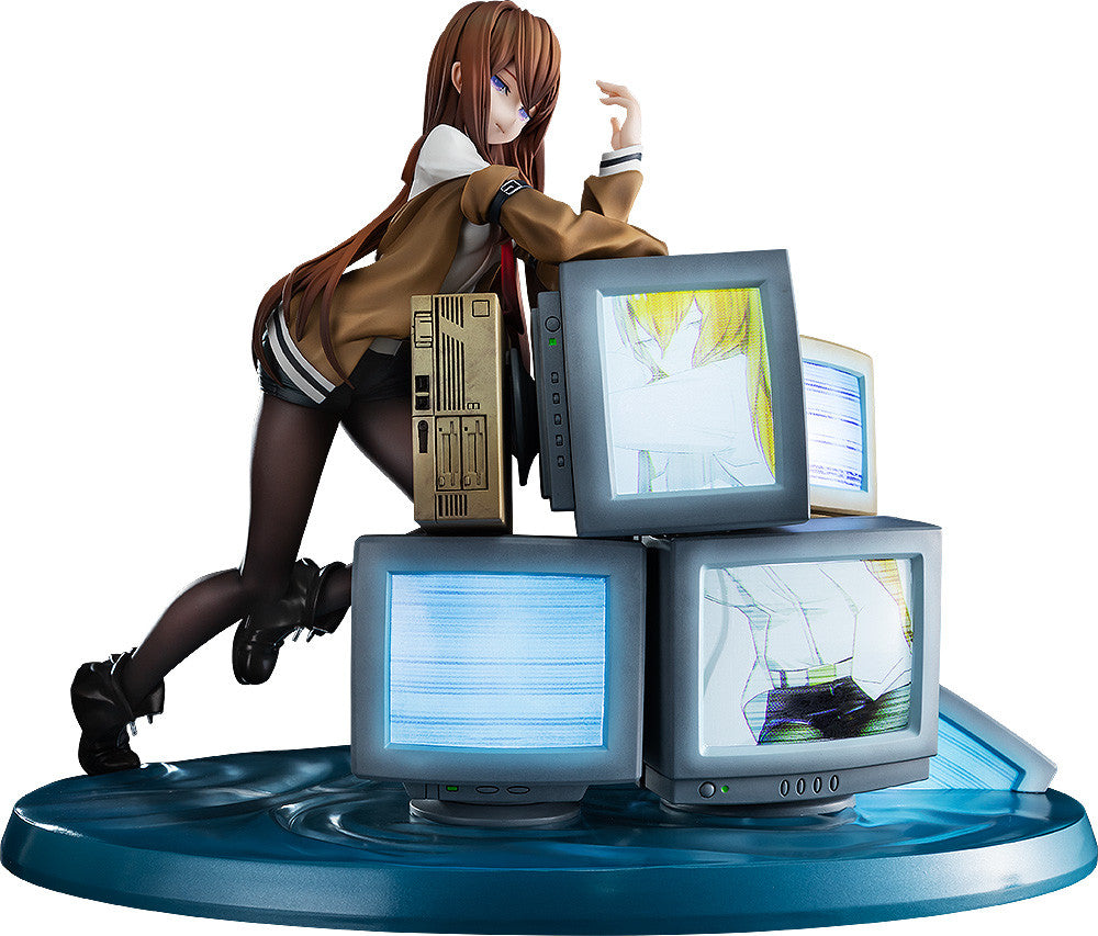 Steins; Gate Kurisu Makise anime figure in brown jacket, black shorts, and tights, posing with a golden PC tower and glowing retro monitors on a blue base