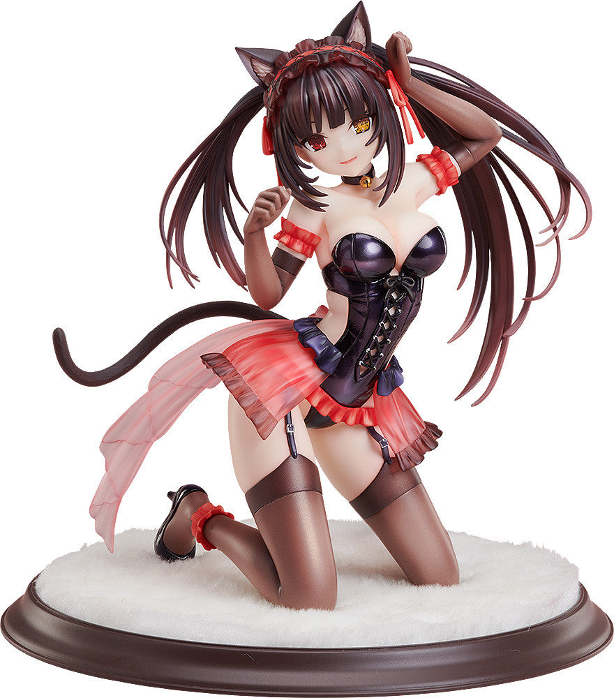 Anime figure of a dark-haired cat-girl in a black corset and red skirt, kneeling on a white furry base