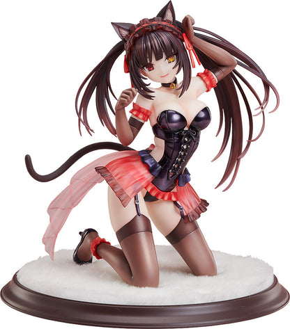 Anime figure of a dark-haired cat-girl in a black corset and red skirt, kneeling on a white furry base