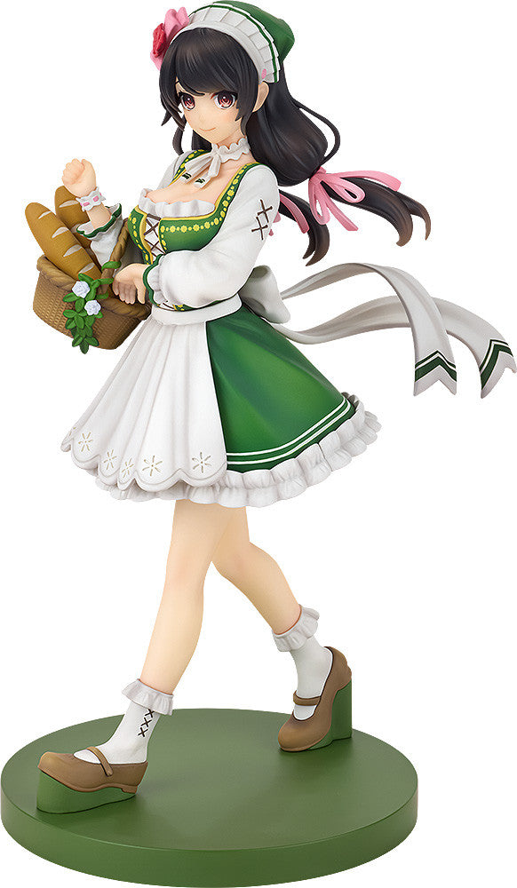 A Good Smile Company Konosuba Yunyun 10th Anniversary figure depicts her stepping forward in a green and white dress with an apron, holding a basket of bread and flowers