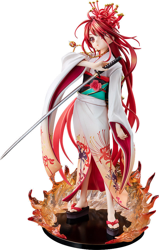 Anime figure of a girl in a white and red flowing kimono with a sword on a fiery base