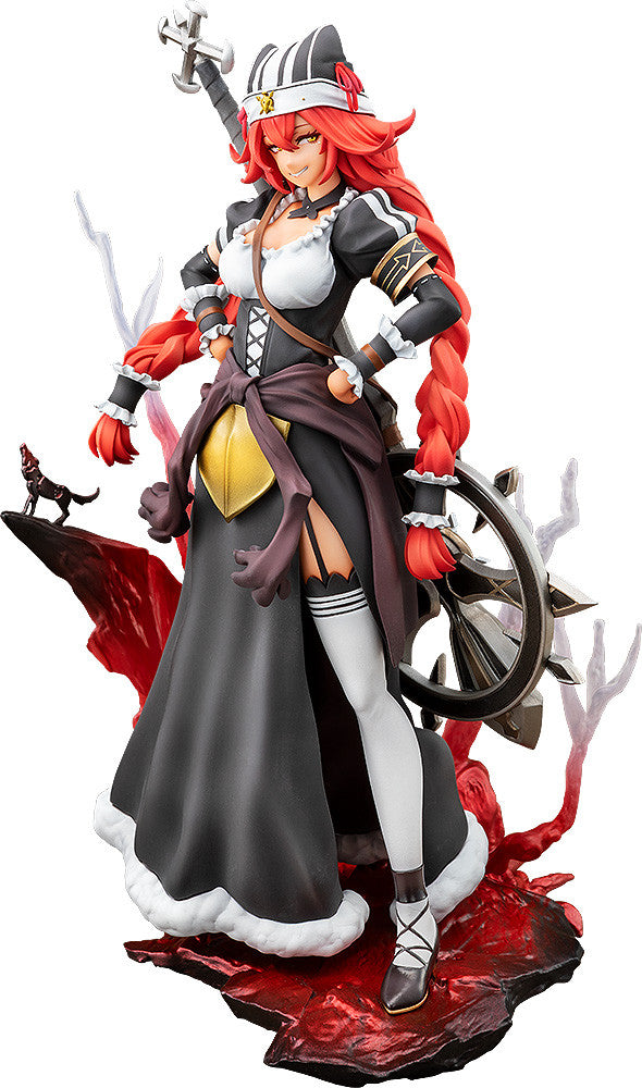 Anime figure: Red-haired woman in black & white outfit, smirking, with a cross-hilted sword on her back. Stands on a red base with a wolf