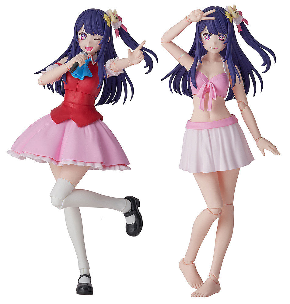 Two anime figures of a purple-haired girl. One winks, singing into a mic in a red and pink idol outfit; the other poses in a pink bikini