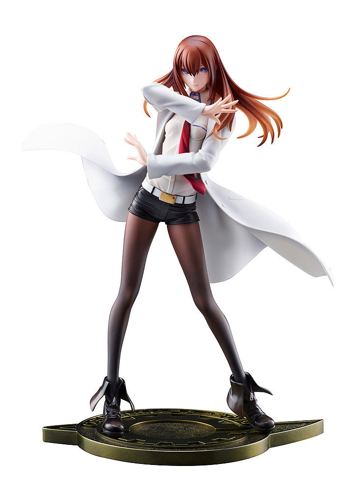 Anime figure: Woman with auburn hair, white lab coat, black shorts & tights, striking an action pose on a gold base