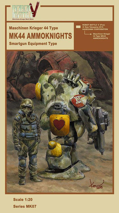 Illustration of a helmeted pilot standing next to a camouflage MK44 AMMOKNIGHTS military mech