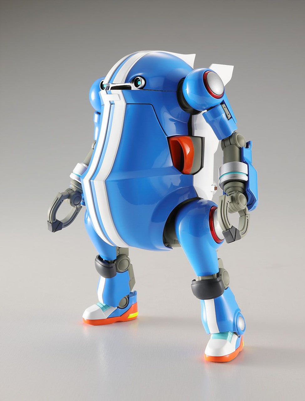 Blue robot model kit with white racing stripes, claw hands and bright sneaker feet, standing low