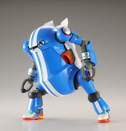 Blue and white rounded mecha model, sporting stripes and sneakers, posed in a dynamic crouch