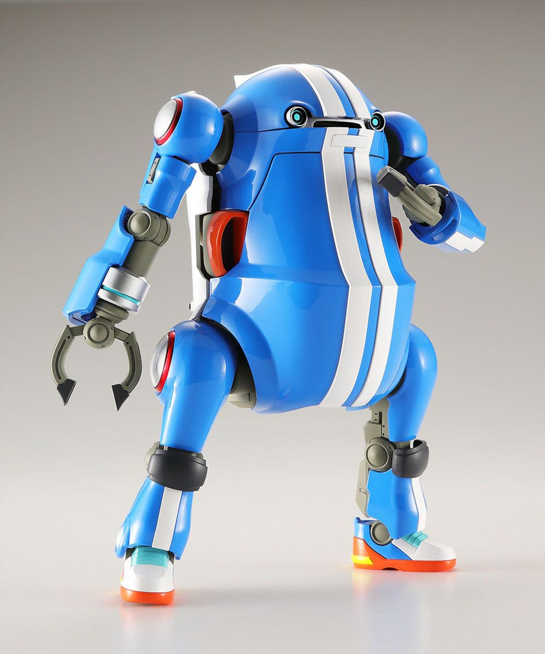 Stylized blue robot model with white racing stripes, a claw arm and bright sneakers, posed against a gray background