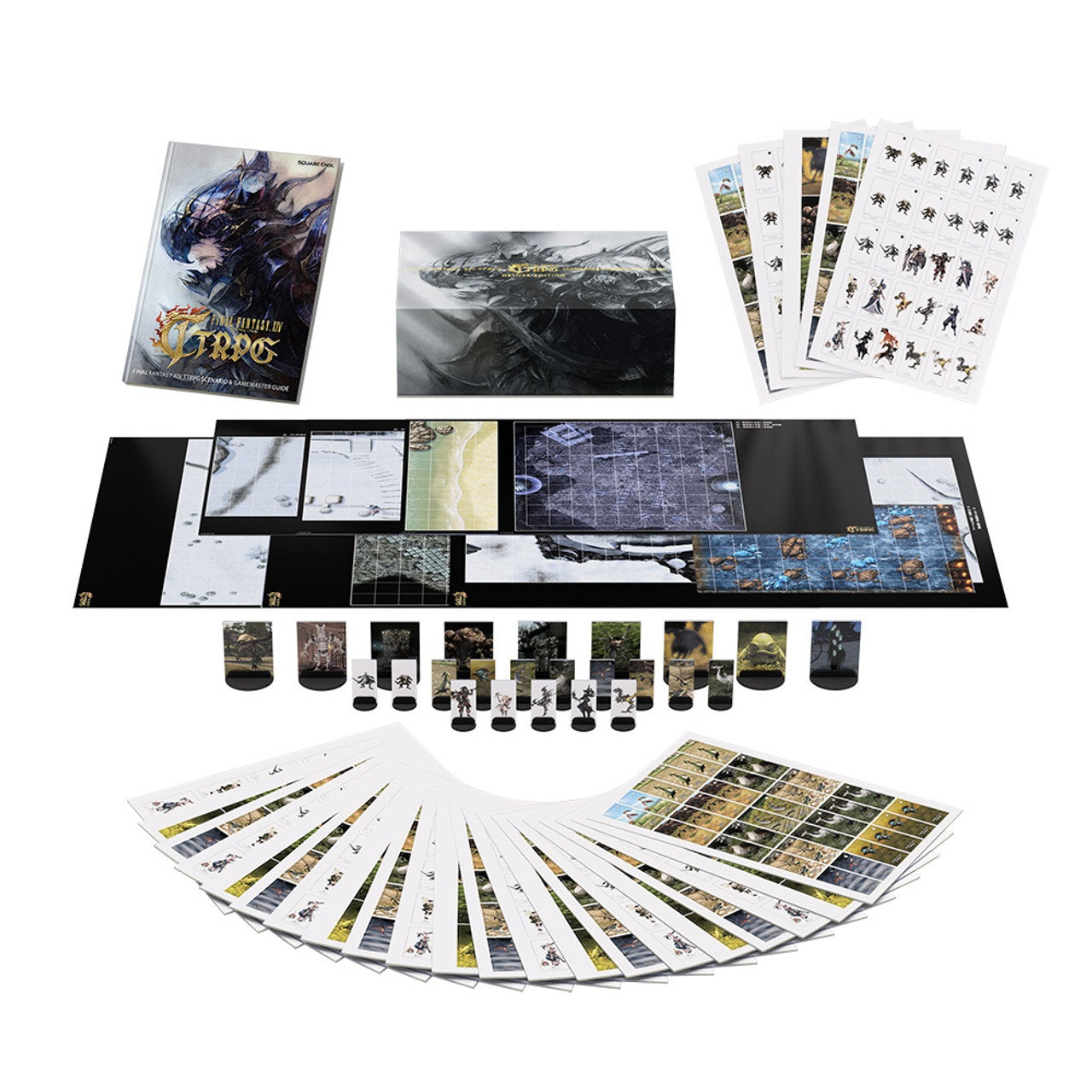 A comprehensive view of the Final Fantasy XIV TTRPG Deluxe set including the scenario book, multiple fold-out battle maps, character standees, and accessory sheets fanned below