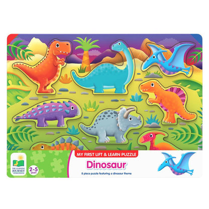 Colourful dinosaur lift & learn puzzle board featuring 8 cartoon dinos like T-Rex, Brontosaurus, Triceratops, and Pterodactyl