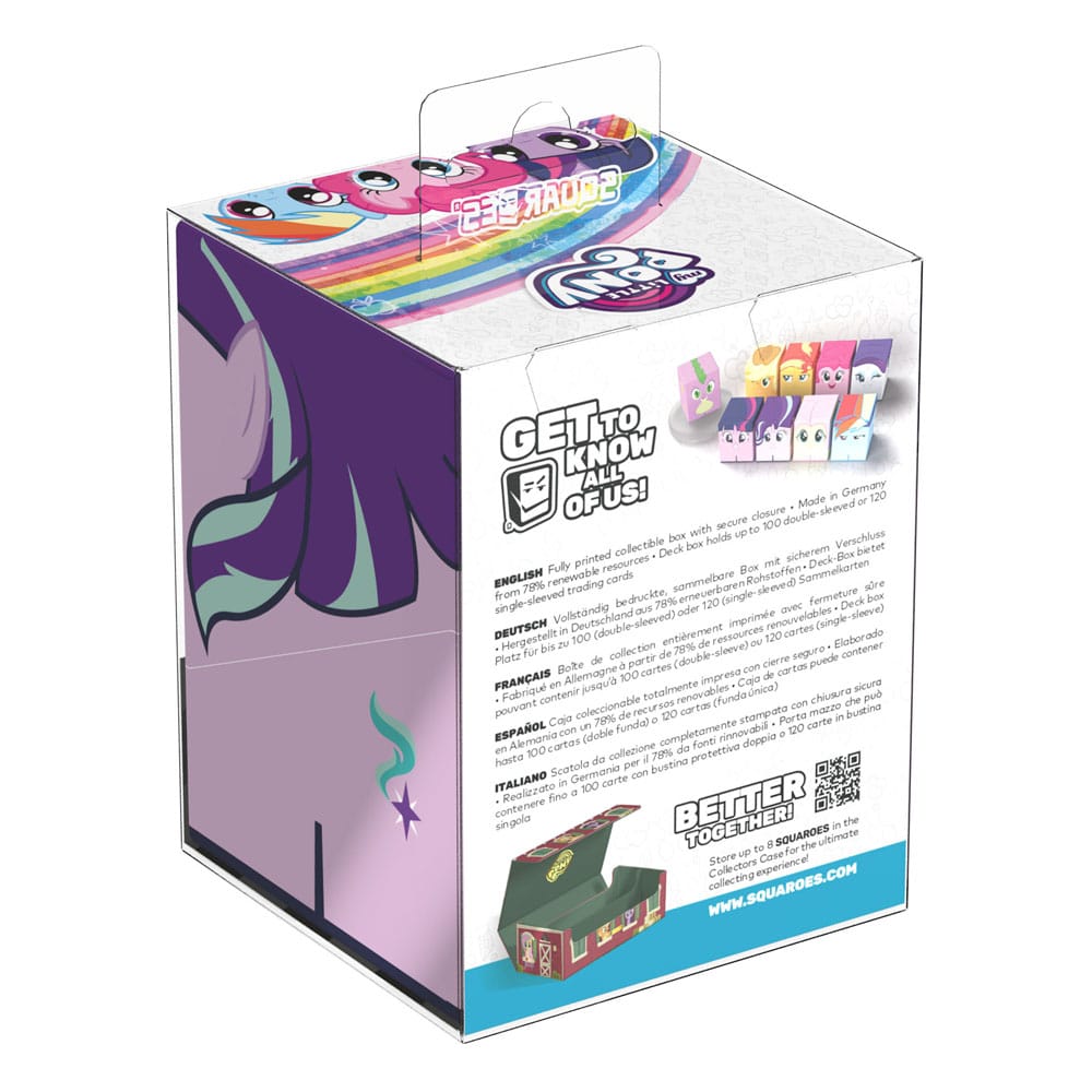 A My Little Pony collectible box featuring character faces on top and a pony mane on the side, with small character boxes shown on the front