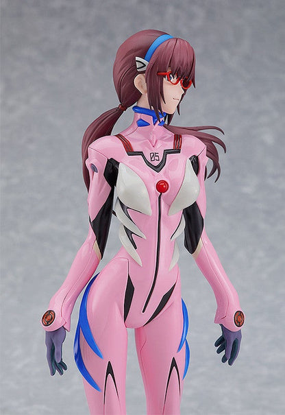 Mari Illustrious Makinami figure wearing a pink plugsuit, red glasses, brown pigtails, and a blue headband