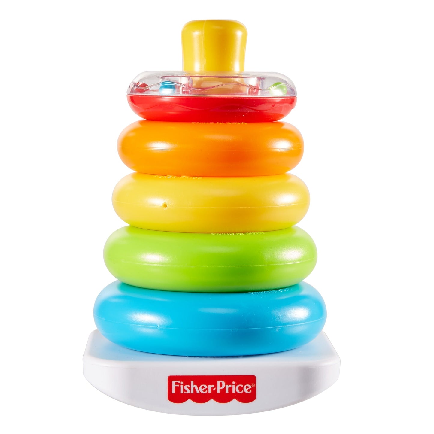 Fisher-Price Rock-a-Stack toy with 5 colorful rings -  including a clear rattle ring -  stacked on a white rocking base