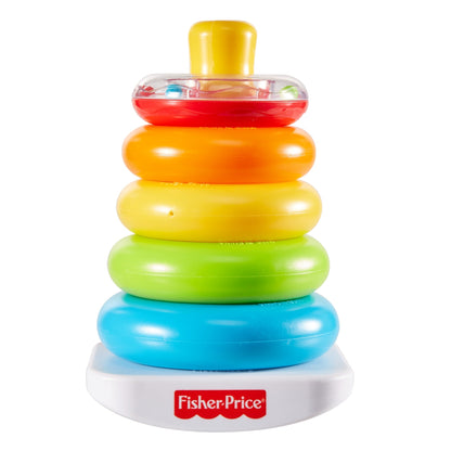 Fisher-Price Rock-a-Stack toy with 5 colorful rings -  including a clear rattle ring -  stacked on a white rocking base