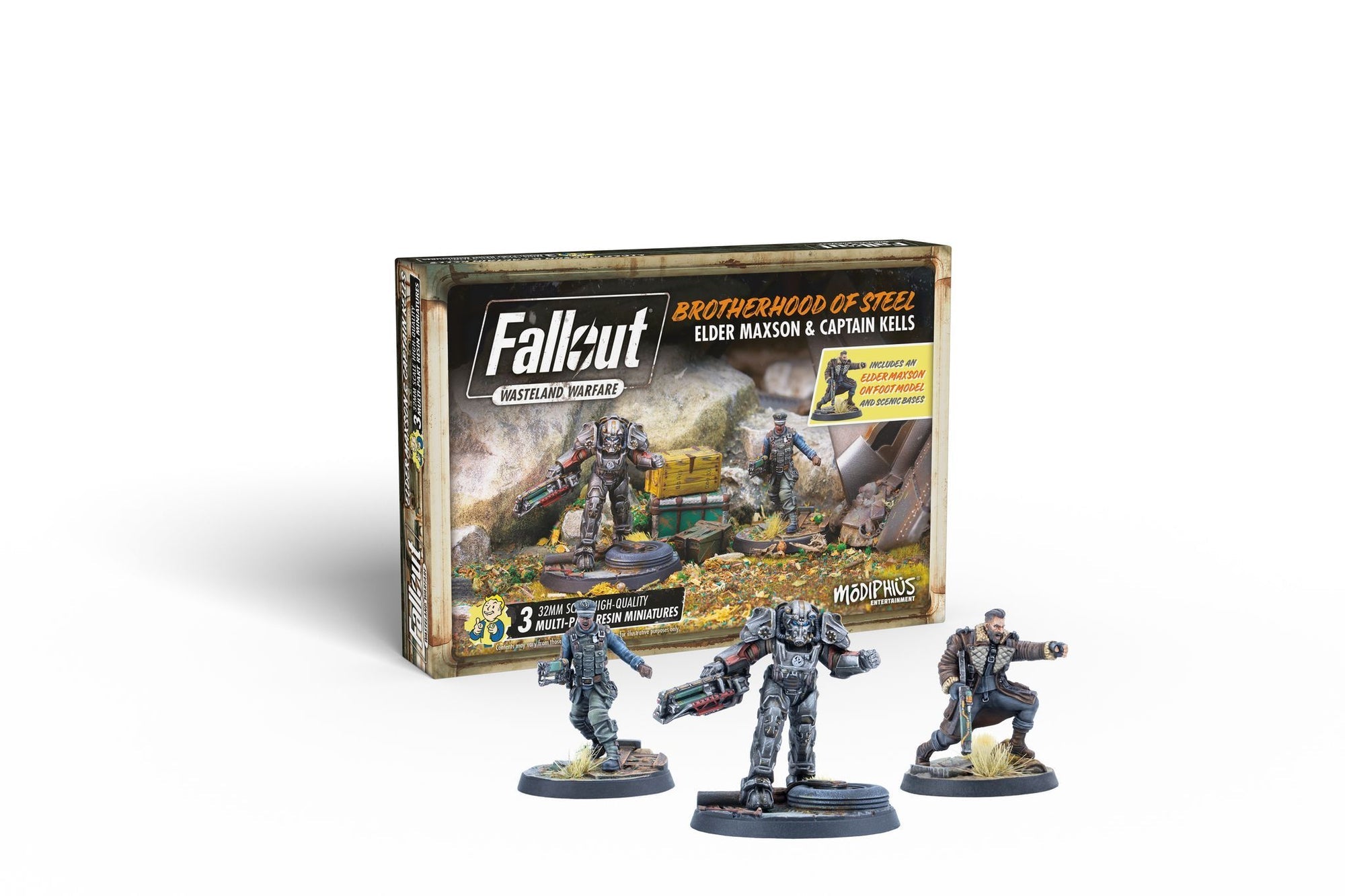 Fallout: Wasteland Warfare 'Brotherhood of Steel' box set and three painted miniatures, one in power armor