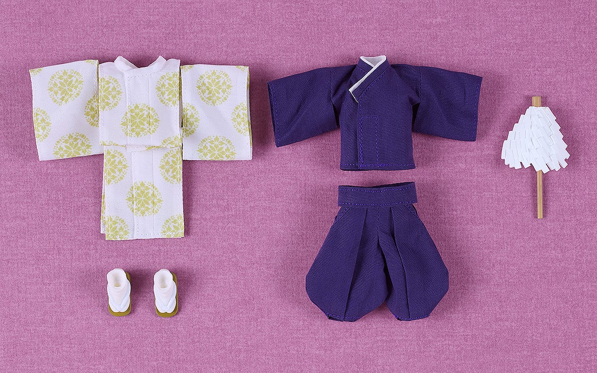 Nendoroid Doll Fox Kannushi Rei outfit set with patterned kimono purple hakama geta sandals and white umbrella