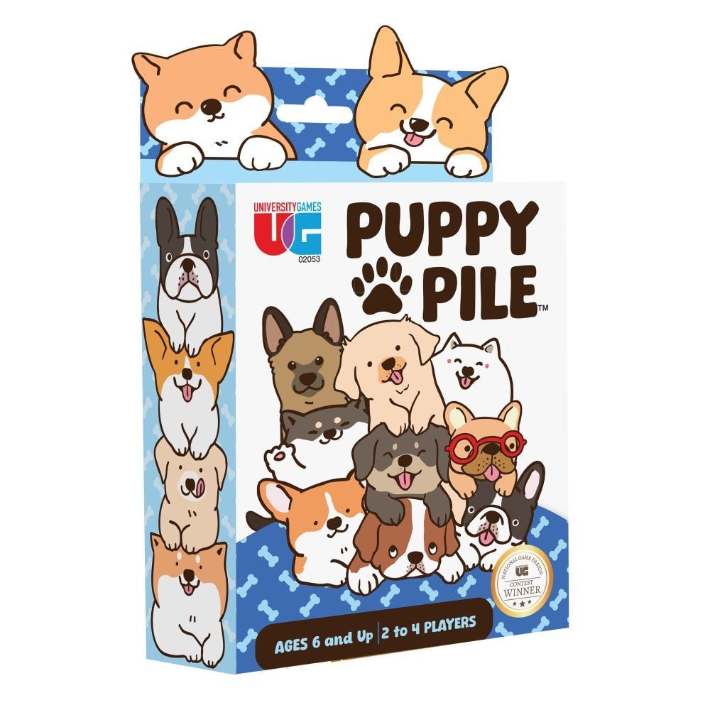 Puppy Pile board game box featuring illustrations of stacked and piled cartoon puppies of various breeds