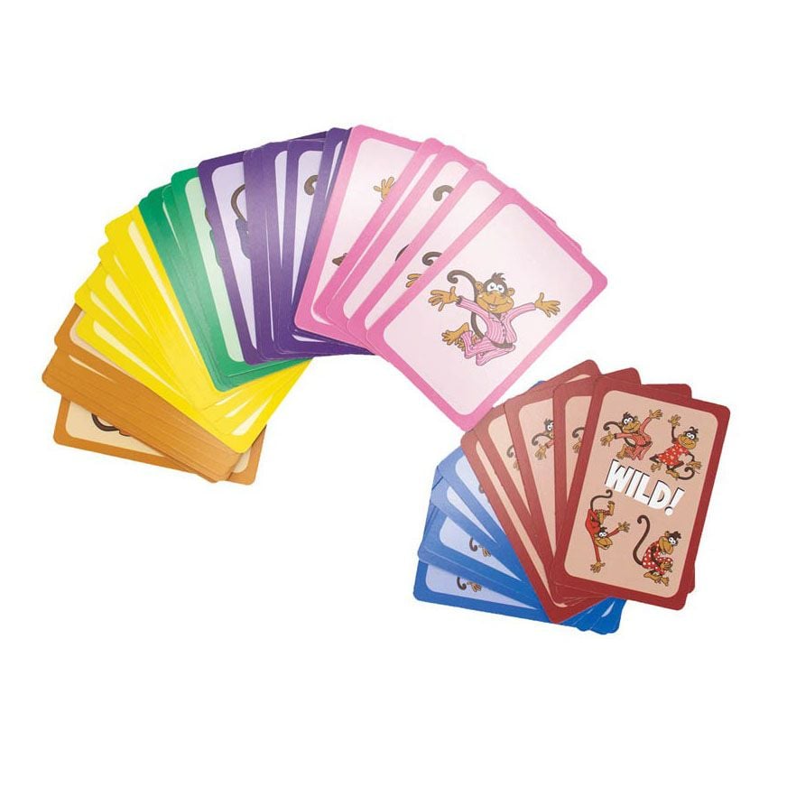 Six decks of fanned multicoloured children's playing cards (yellow, purple, pink, red) featuring cartoon monkeys and the keyword "WILD!"