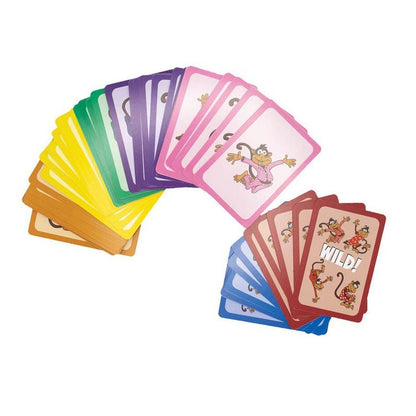 Six decks of fanned multicoloured children's playing cards (yellow, purple, pink, red) featuring cartoon monkeys and the keyword "WILD!"