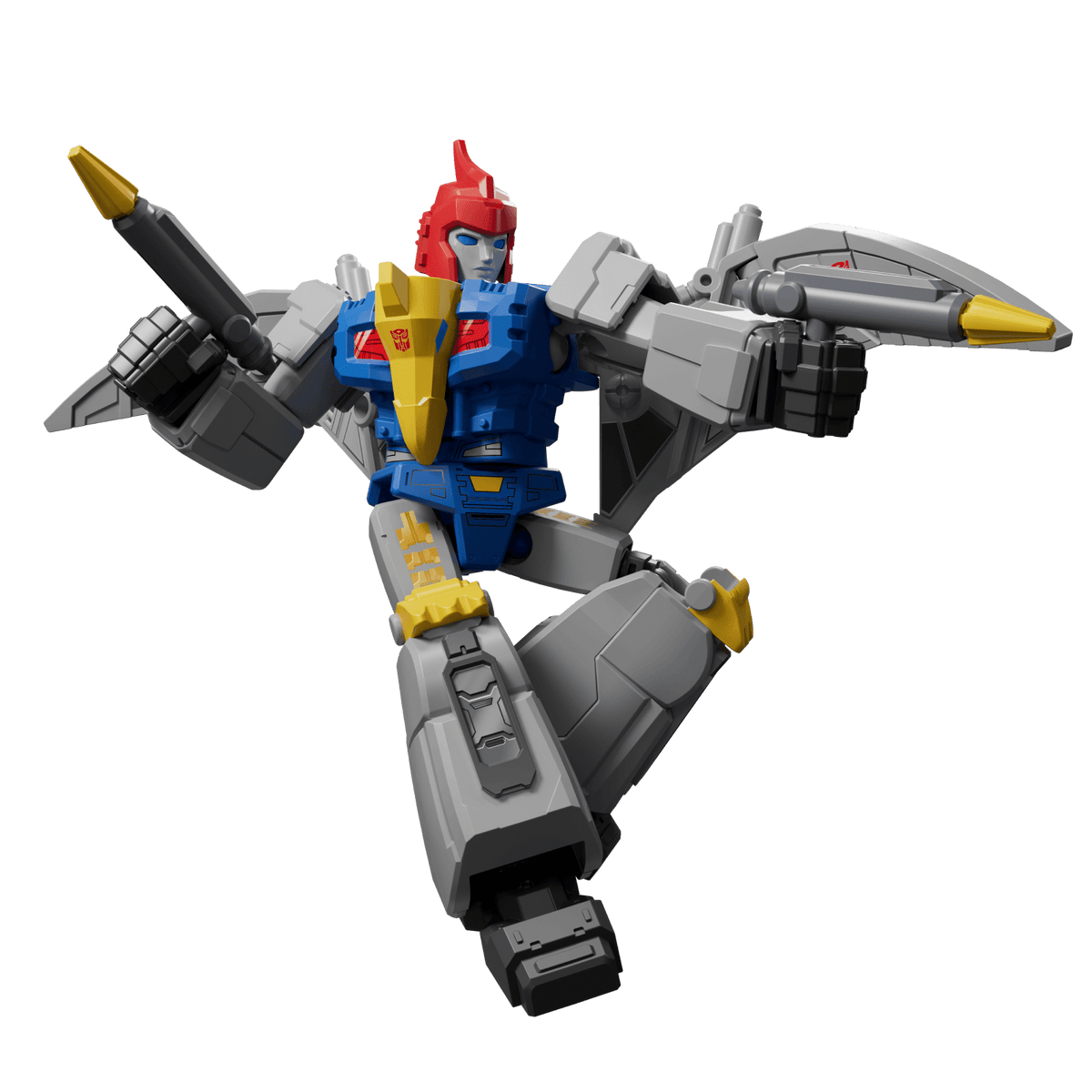 Transformers Legacy United Deluxe Class G1 Swoop action figure in blue and gray with yellow and red accents