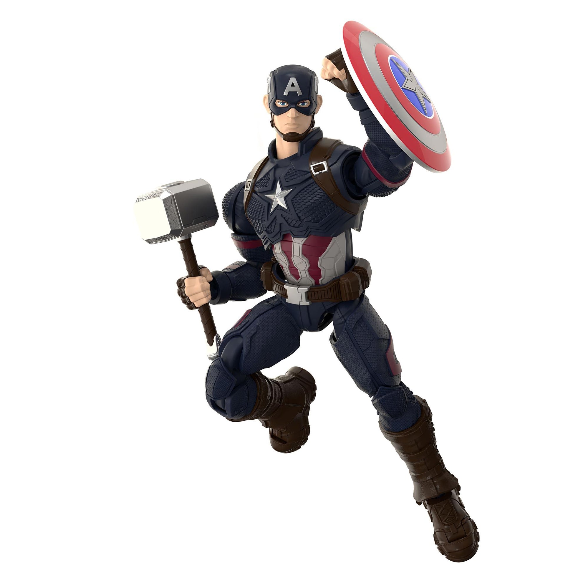 Captain America action figure leaping, wielding Thor's hammer (Mjolnir) and his signature shield