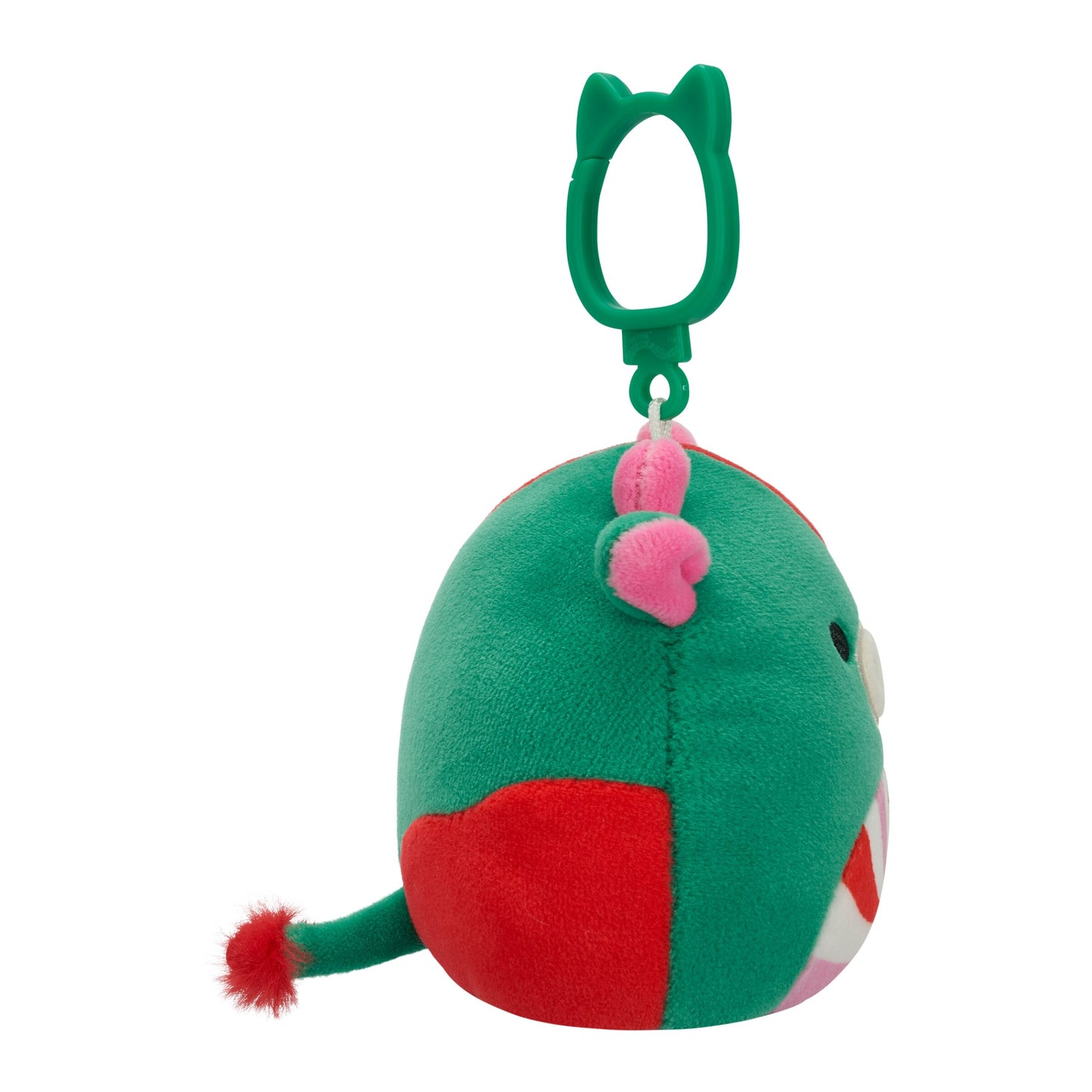 Green and red plush toy clip, featuring pink ears, a fuzzy tail, and a green carabiner