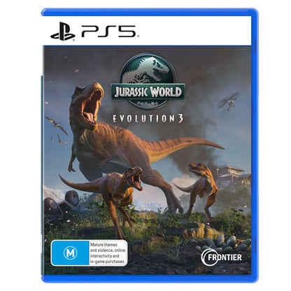 PS5 game cover for Jurassic World Evolution 3 with a roaring T-Rex and two raptors surrounded by ruins