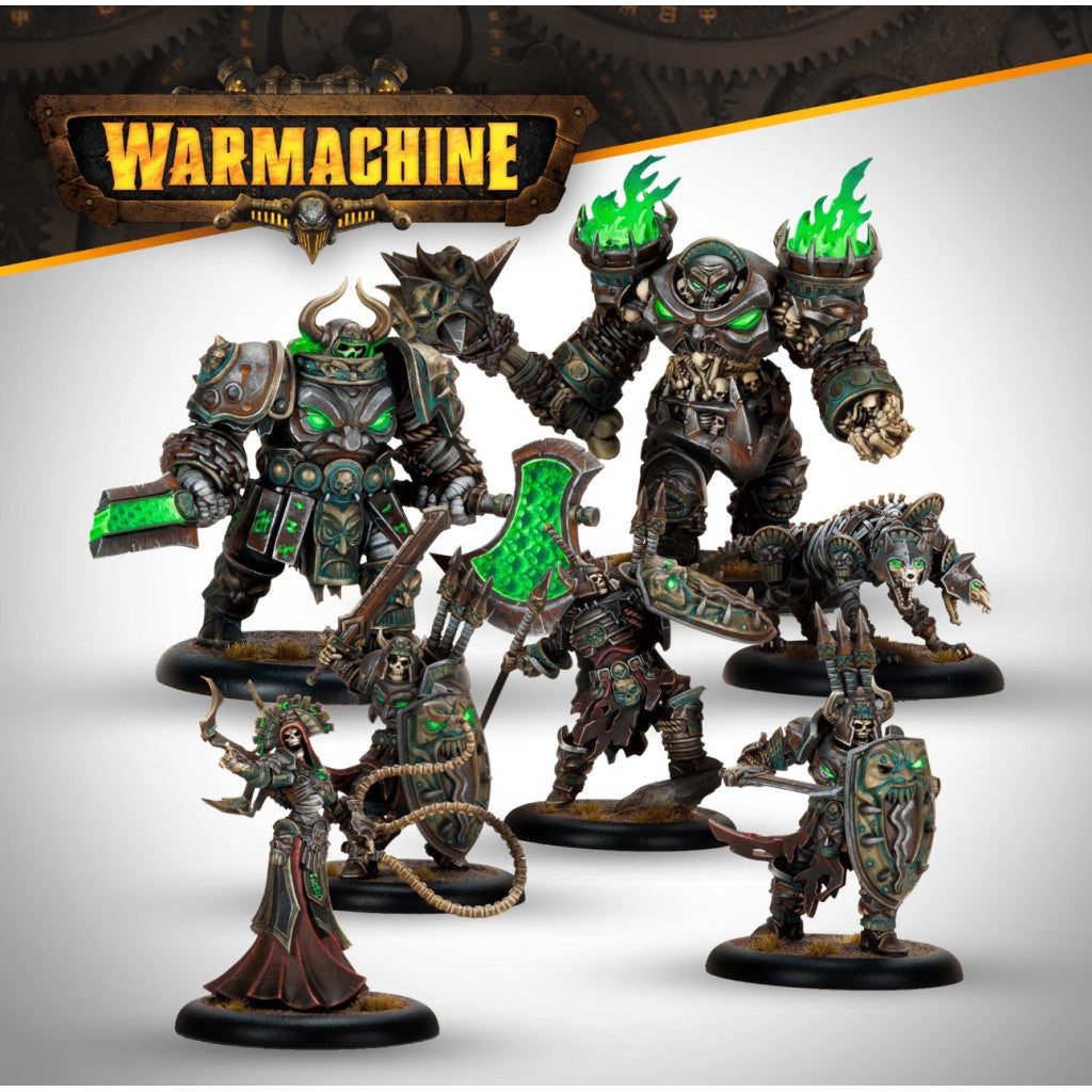Warmachine tabletop miniatures: Armored undead warjacks and warriors glowing with eerie green energy and flames