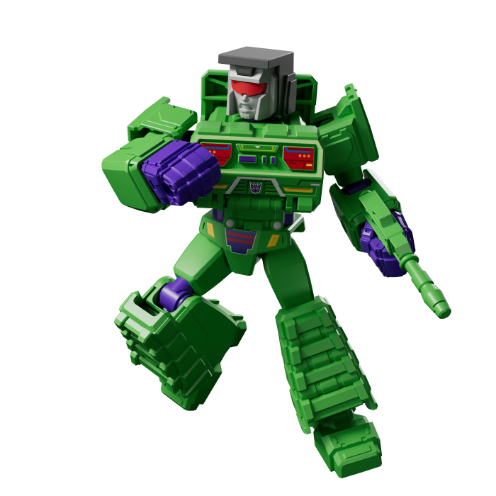 Green and purple robot toy in a dynamic pose with a gray head and red visor