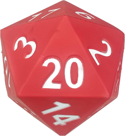 Red 20-sided gaming die (D20) with white numbers, prominently displaying the number 20