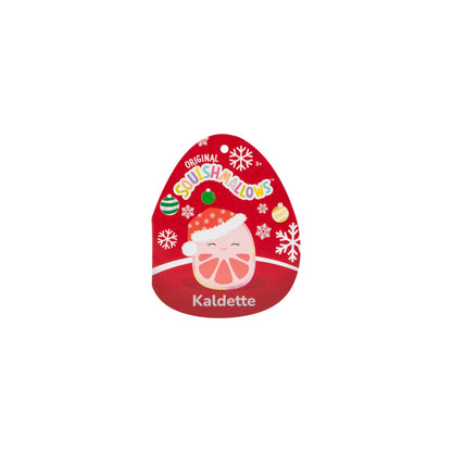 Squishmallows tag featuring Kaldette the grapefruit in a Santa hat, set against a red holiday background