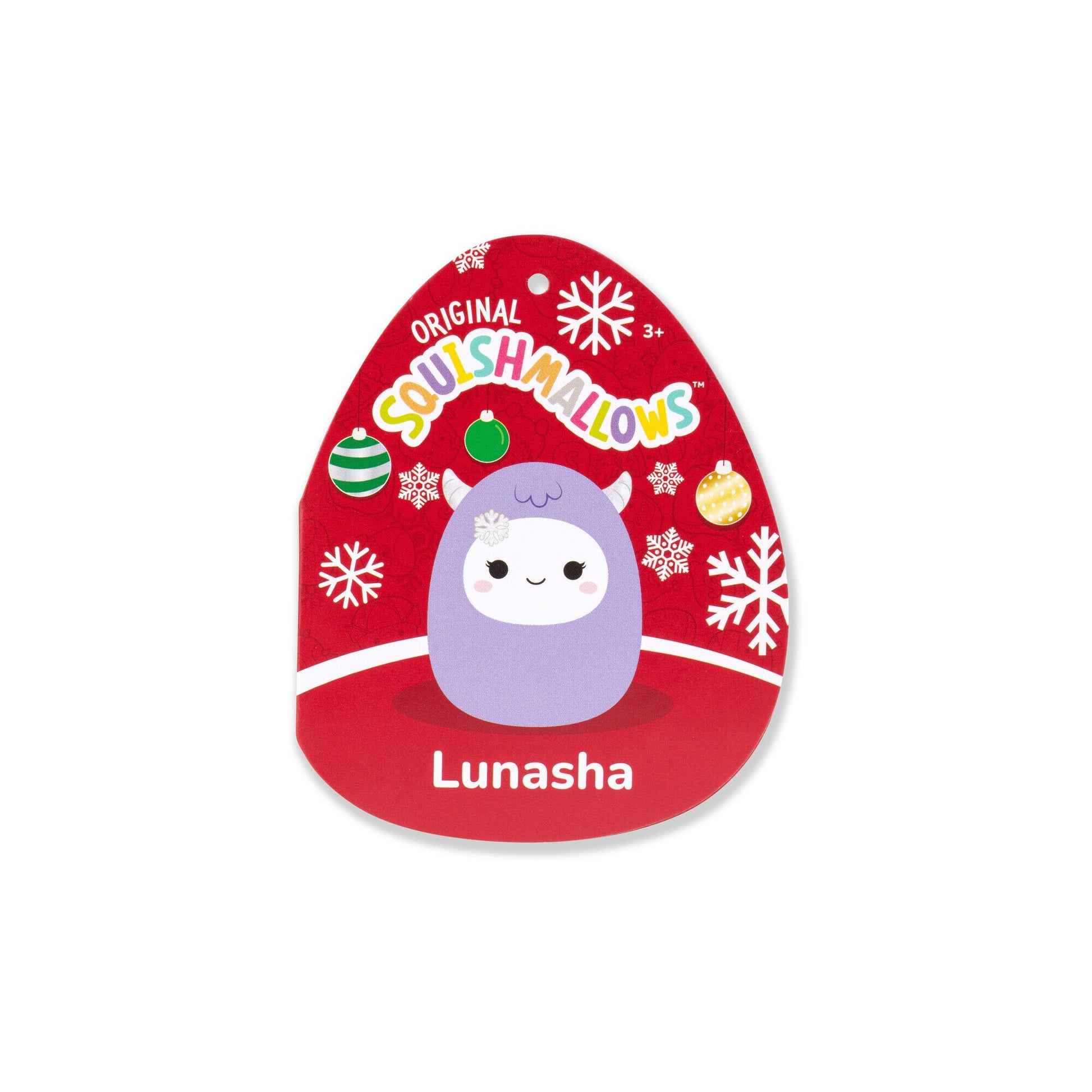 Red Squishmallows holiday hang tag for Lunasha, featuring a purple horned creature, snowflakes, and ornaments