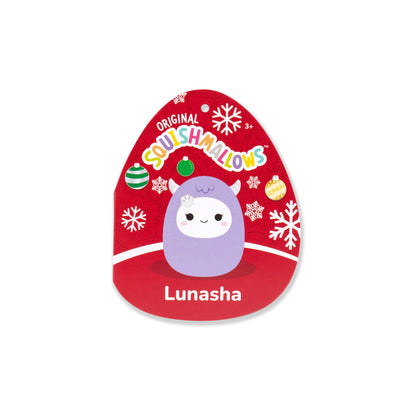Red Squishmallows holiday hang tag for Lunasha, featuring a purple horned creature, snowflakes, and ornaments