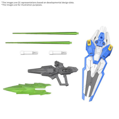 Blue and white mecha shield, grey rifle, and green beam weapon effects for a model kit