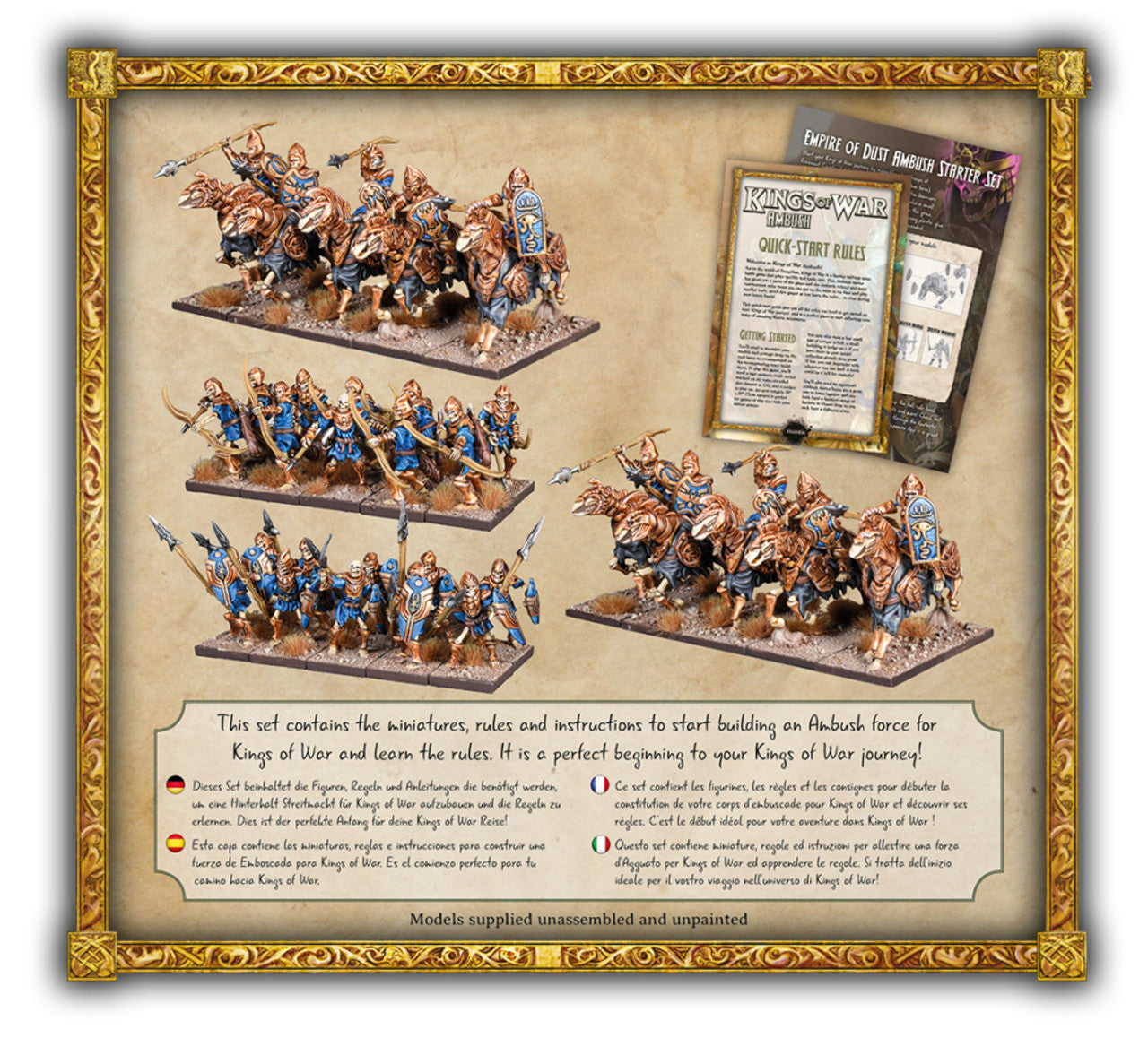 Kings of War Ambush Starter Set with painted cavalry, archer and spearman miniatures, plus game rules