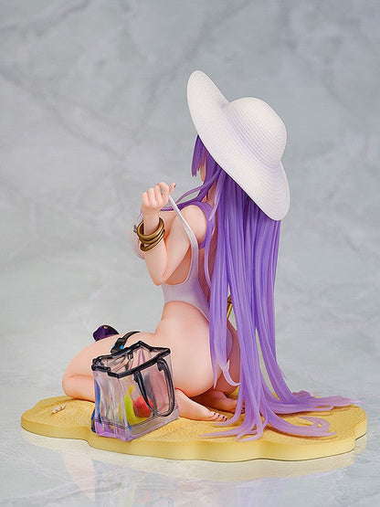 Anime figure of a woman on a beach wearing a white sun hat lavender swimsuit