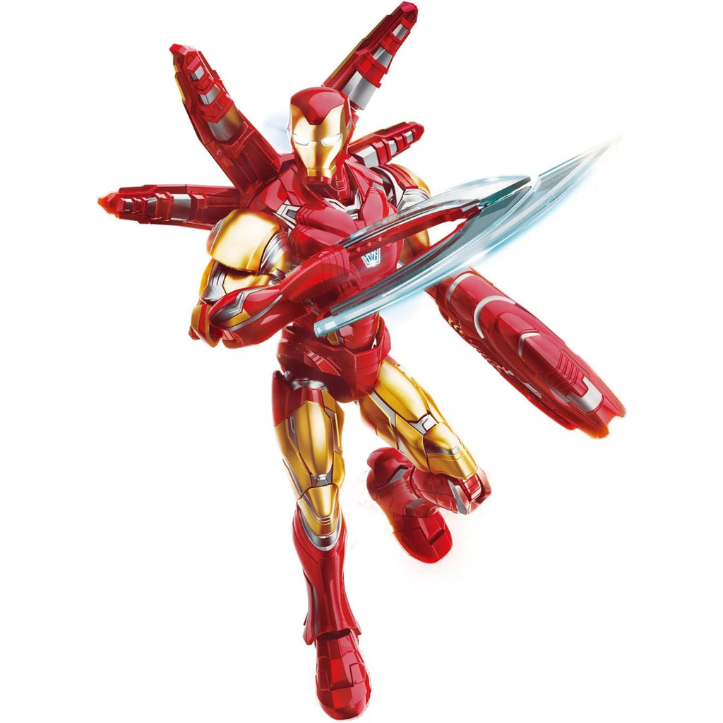Iron Man in red armor, lunging forward with a glowing blue energy blade and mechanical back weapons deployed