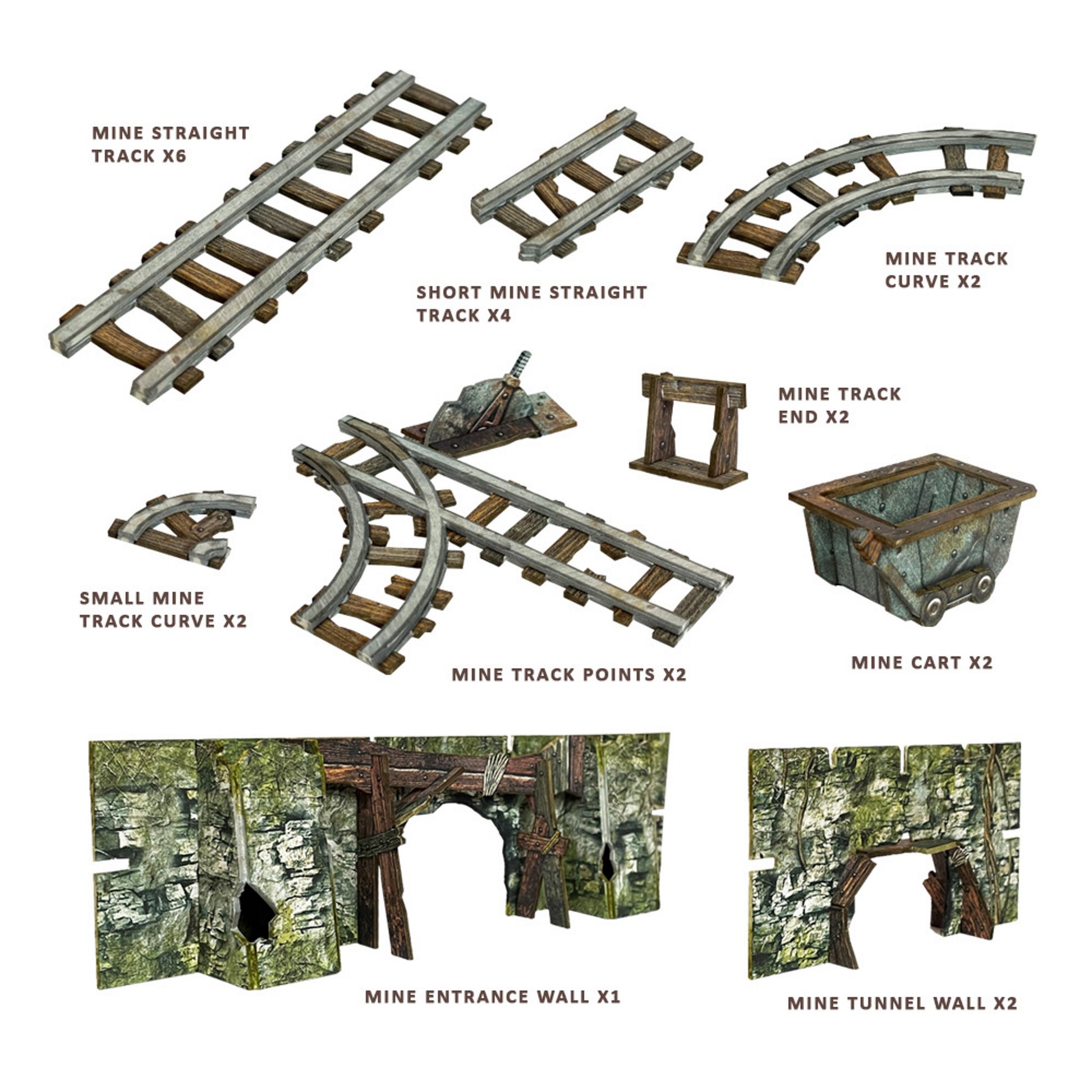 A collection of modular mine-themed terrain miniatures, including various tracks, a mine cart, and entrance/tunnel walls